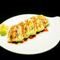 Fried Shrimp Roll · Fried shrimp, crab, avocado and cucumber inside with eel sauce on top.