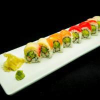Rainbow Roll · Crab, avocado, cucumber inside, salmon, red tuna, white tuna, and red snapper on top.