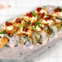 Tornado Maki · Uramaki with shrimp tempura, kanimi crab and cucumber. Topped with extra spicy ahi and light...