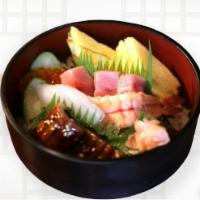 Mix Chirashi Donburi · Sushi rice, shoyu poke, unagi, ika, ebi, ikura, egg, spicy sauce, unagi sauce, ginger, green...