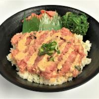 Spicy Ahi Donburi · Sushi rice, spicy ahi, spicy ahi sauce, green onions and ginger 
