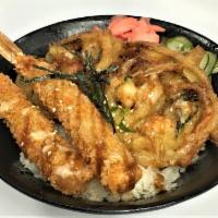 Tempura Donburi · Sushi rice, 2 piece shrimp tempura, 2 piece vegetable tempura, ginger, namasu and topped wit...