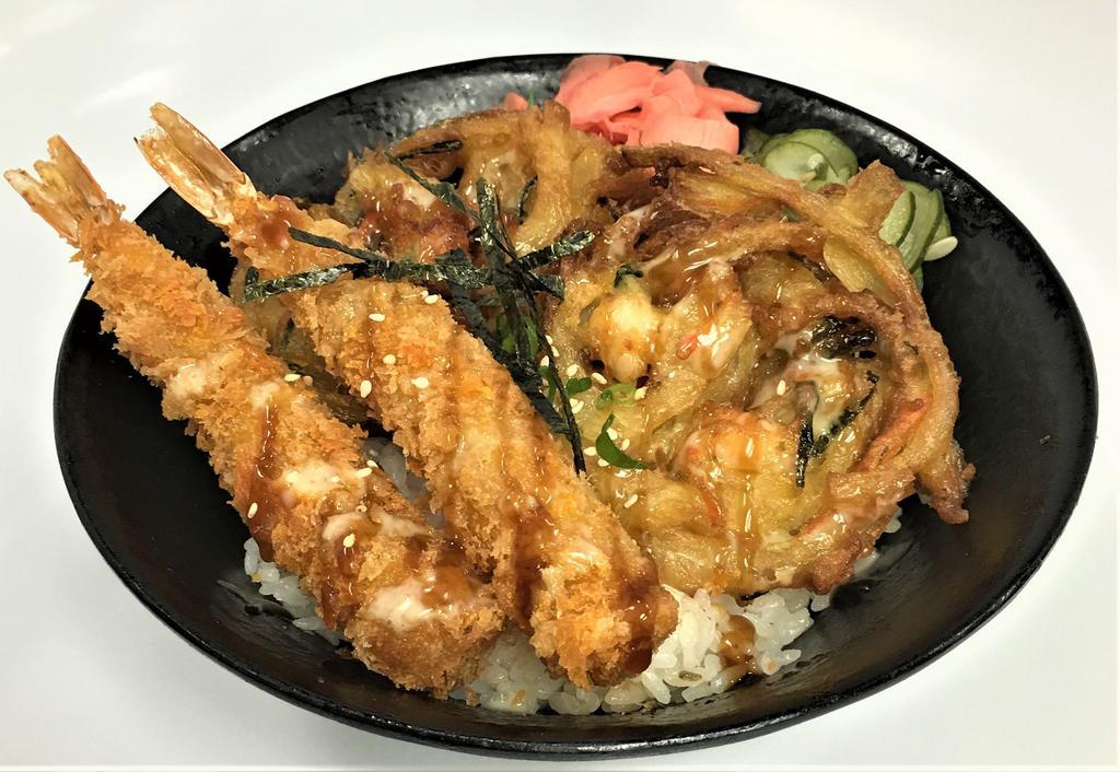 Tempura Donburi · Sushi rice, 2 piece shrimp tempura, 2 piece vegetable tempura, ginger, namasu and topped with our wasabi mayo sauce, teriyaki sauce, sesame seeds, green onions and nori.