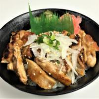 Teriyaki Chicken Donburi · Sushi rice, teriyaki chicken, teriyaki sauce, white onions, green onions, ginger, namasu and...