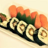 Salmon Combo Nigiri Bento · 10 pieces. 5 piece salmon and 5 piece tempura/cucumber/lettuce makimono topped with wasabi m...