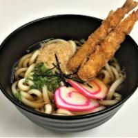 Shrimp Udon · 2 piece shrimp tempura, kamaboko, green onions, tenkasu flakes and nori.
