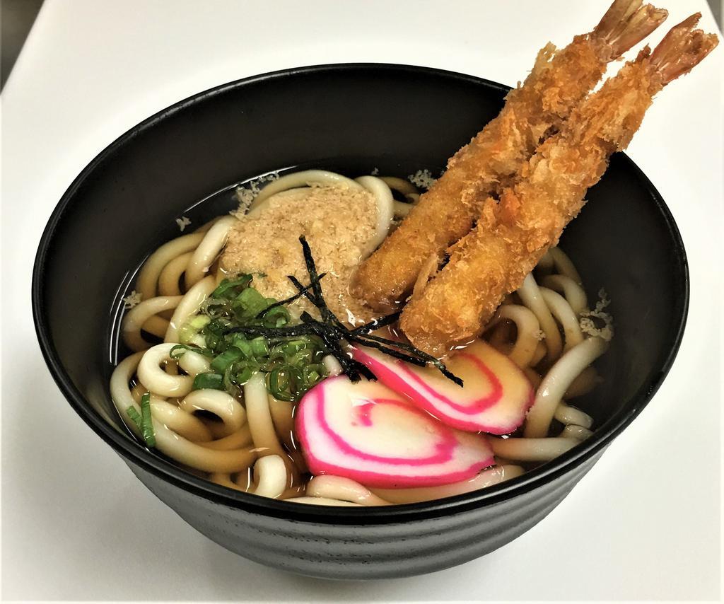 Shrimp Udon · 2 piece shrimp tempura, kamaboko, green onions, tenkasu flakes and nori.
