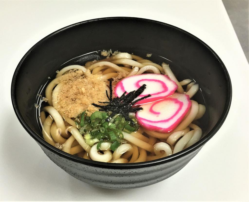 Regular Udon · Kamaboko, green onions, tenkasu flakes and nori.