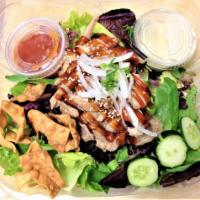 Teriyaki Chicken Salad · Mixed greens, teriyaki chicken, teriyaki sauce, white onions, green onions, sesame seeds, ch...