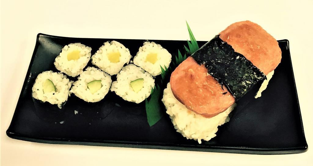 Junior Set A. Spam · Spam Musubi with sushi rice and teriyaki sauce, 3 piece Cucumber Hosomaki and 3 piece Shinko Hosomaki