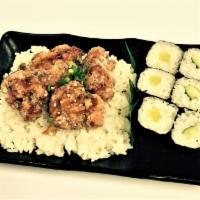 Junior Set B. Chicken · Karaage Chicken with teriyaki sauce, green onions and sesame seeds on sushi rice with 3 Piec...