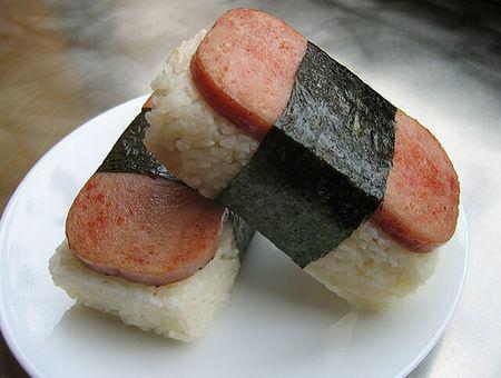 Spam Sushi · Spam musubi with sushi rice and teriyaki sauce.