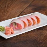 Pink Lady **RICE FREE** · Salmon, tuna, yellowtail, albacore and avocado wrapped in soy paper with shaved daikon, topp...