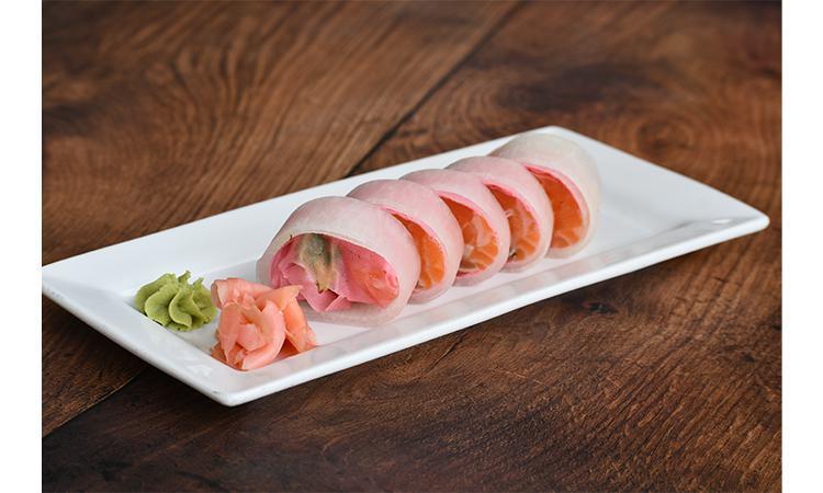 Pink Lady **RICE FREE** · Salmon, tuna, yellowtail, albacore and avocado wrapped in soy paper with shaved daikon, topped with ponzu sauce. Rice-free
