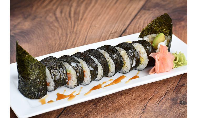 Bonsai · Eel, salmon, octopus and avocado inside, nori outside, topped with eel sauce