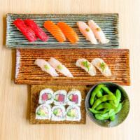 Sushi Party · Edamame, yellowtail sushi 2 pieces, salmon sushi 2 pieces, tuna sushi 2 pieces, snapper sush...