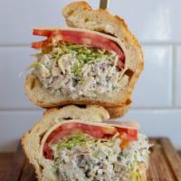 Sm Chicken Salad Sub · ubes of roasted chicken breast, diced red onion, sliced celery, salt and peppers, provolone ...