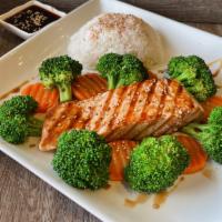 Grilled Teriyaki Salmon · Grilled salmon fillet topped with in-house special teriyaki sauce served with steamed brocco...