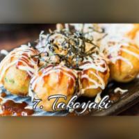  Takoyaki(6pcs) · 6pieces. Battered octopus topped with mayo, takoyaki sauce and fish flake.