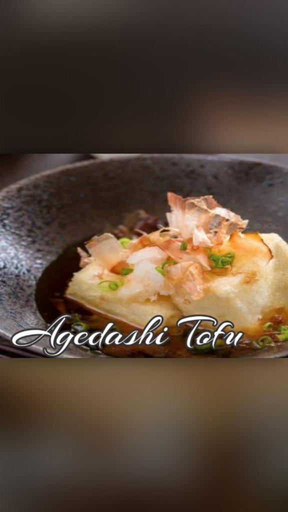 Agedashi Tofu · 5pieces. Lightly fried tofu served in flavorful dashi sauce with green onion and bonito flakes.