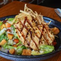 Grilled Chicken Salad · Garden greens, bacon, eggs, croutons, tomatoes.