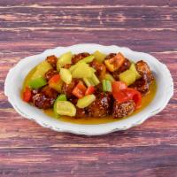 Veggie Pork with Sweet Sour Sauce · Sweetened sauce with vinegar base.