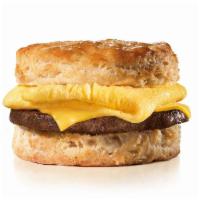 Sausage, Egg & Cheese Biscuit · Grilled sausage, folded egg, American cheese on a buttermilk biscuit.