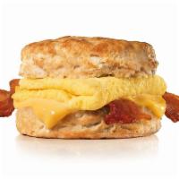 Bacon, Egg & Cheese Biscuit · Crispy bacon, folded egg and American cheese on a buttermilk biscuit.