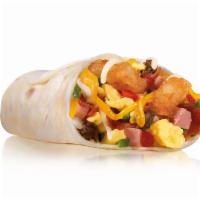 Loaded Breakfast Burrito · Scrambled Eggs, Sausage, Ham, Bacon Bits, Hash Rounds®, Shredded Cheese, and Fresh Salsa Wra...