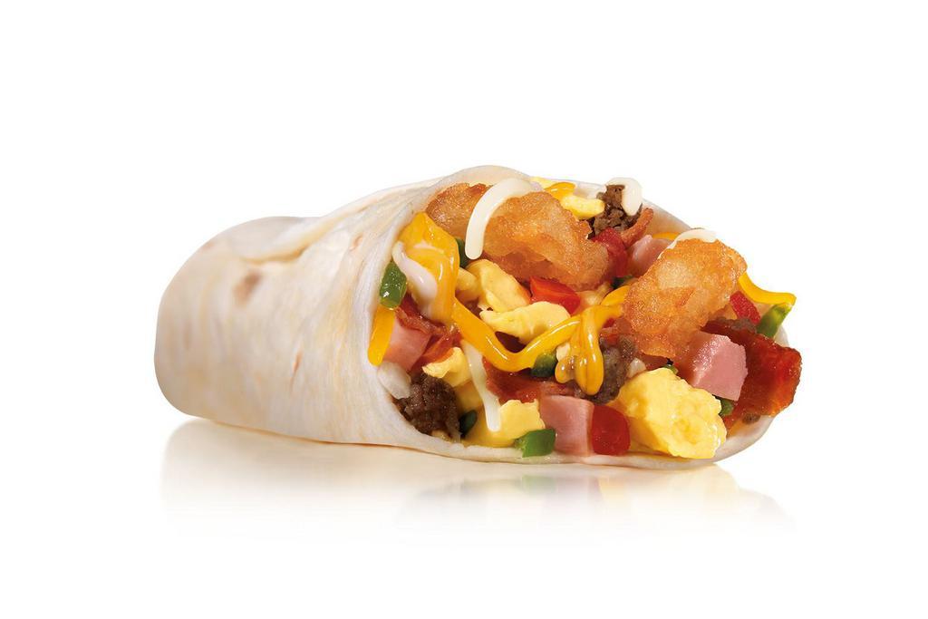 Loaded Breakfast Burrito · Scrambled Eggs, Sausage, Ham, Bacon Bits, Hash Rounds®,Shredded Cheese, and Fresh Salsa Wrapped in a Warm Flour Tortilla.