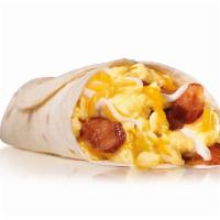 Bacon & Egg Burrito · Scrambled Eggs, Two Strips of Bacon, Shredded Cheese, Wrapped in a Warm Flour Tortilla.
