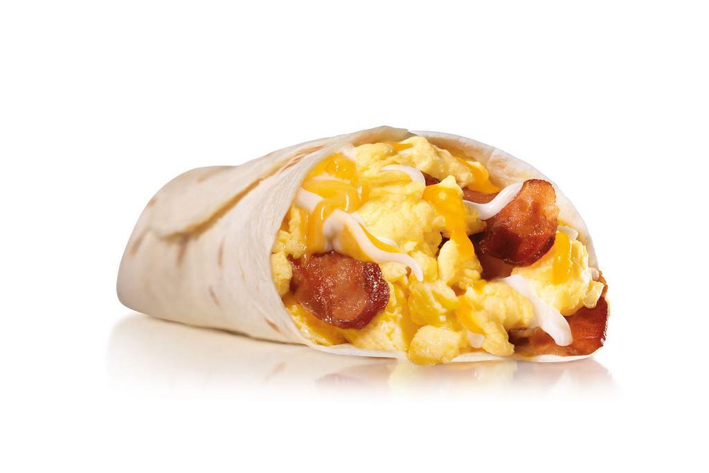Bacon, Egg and Cheese Burrito · Scrambled Eggs, Two Strips of Bacon, Shredded Cheese, Wrapped in a Warm Flour Tortilla.