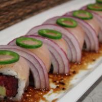 $1000 Roll · In(Spicy Tuna, Avocado) - Out( Fresh Albacore, Onions, Jalapenos, Japanese Dressing)