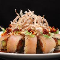 Albacore Mania Roll · In(Spicy Albacore, Cucumber, Avocado) - Out( Albacore, Crunchy Onion, Garlic,  Soy Mustard D...