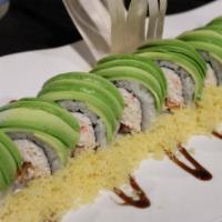 Caterpillar Roll · In(Imitation Crab, Cooked Eel) - Out(Avocado, Crunch Flakes, Eel Sauce)