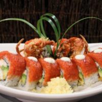 Coral Spider Roll · In(Soft Shell Crab, Imitation Crab, Avocado) - Out(Spicy Tuna, Eel Sauce, White Mayo)