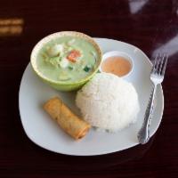 Green Curry · Bamboo strips, squash, bell peppers, and basil leaves. Served with Jasmine rice and (1) Eggr...