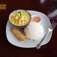 Yellow Curry · Potato and bell pepper. Served with Jasmine rice and (1) Eggroll.