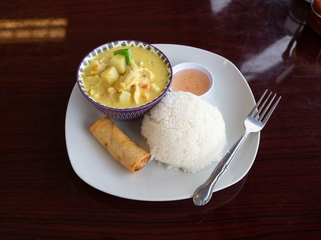 Yellow Curry · Potato and bell pepper. Served with Jasmine rice and (1) Eggroll.