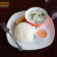 Tom Kha (Thai Coconut Soup) · Coconut milk, Galangal, Lime Leaves, Lemongrass, and Mushrooms. Served with Jasmine Rice and...