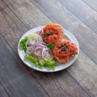 Bagel Plate with Lox · Cream cheese, cucumbers, tomatoes and red onion.