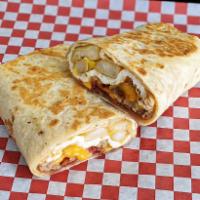 Egg Breakfast Burrito with Protein option · 2 Eggs, country potatoes, cheddar cheese,  with a choice of Bacon, Turkey, Ham, or Sausage. 