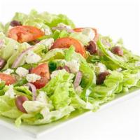 Mediterranean Salad · Iceberg lettuce, bell peppers, red onions, Roma tomatoes, green olives, green onions, feta c...