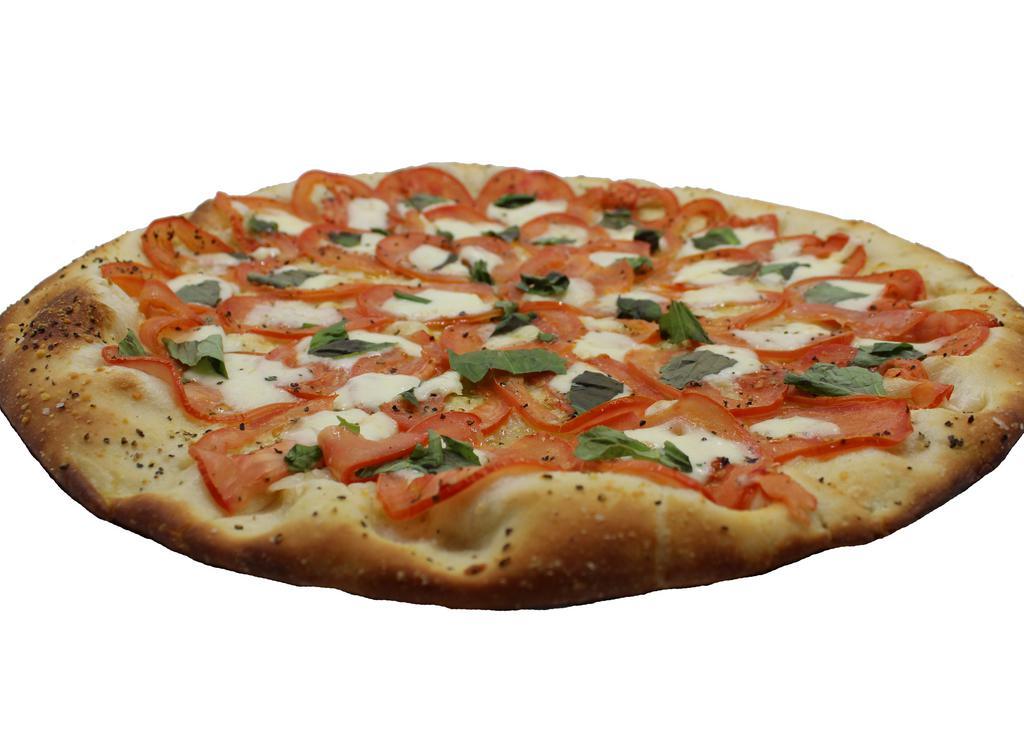 Margherita Pizza · Light Sauce, roasted plum tomatoes, fresh milk mozzarella, and fresh basil
