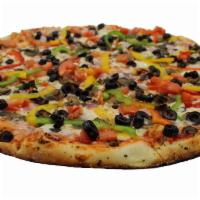 Veggie Pizza · Pizza sauce, house cheese blend, mushrooms, tri-bell peppers, red onions Roma tomatoes and b...