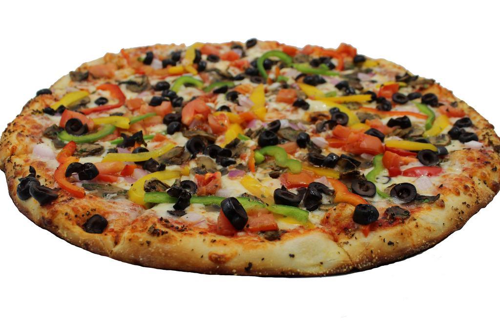 Veggie Pizza · Pizza sauce, house cheese blend, mushrooms, tri-bell peppers, red onions Roma tomatoes and black olives.