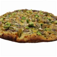 Santa Fe Chicken Pizza · Black bean sauce, house cheese blend, seasoned chicken pickled jalapeno peppers, red onions,...