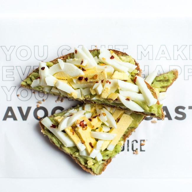 The Protein Toast · Sprouted Toast, Avocado, Hard-boiled Egg, Extra Virgin Olive Oil, Lemon Juice Red Pepper Flakes, Lemon Juice

Nutrition Info Sprouted Grain/Gluten Free

Total Calories - 340/390
Calories from Fat - 200/200
Total Fat - 22/22 g
Saturated Fat - 4/5 g
Trans Fat - 0 g
Cholesterol - 160/160 mg
Sodium - 240/460 mg
Total Carbs - 27/41 g
Dietary Fiber - 6/5 g
Sugars - 4/3 g
Protein - 12/8 g