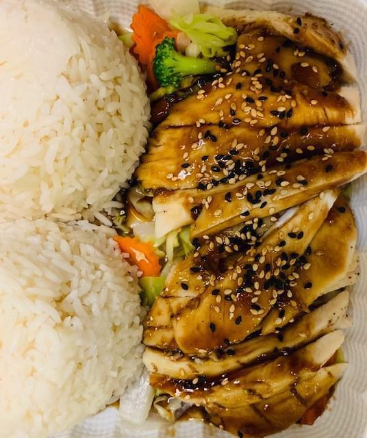 Chicken Teriyaki · Grilled chicken breast, topped with a house made Teriyaki sauce, steamed veggies, served with rice.