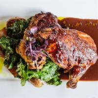 Roasted Chicken Au Jus · Served with mashed potatoes and haricot vert.
